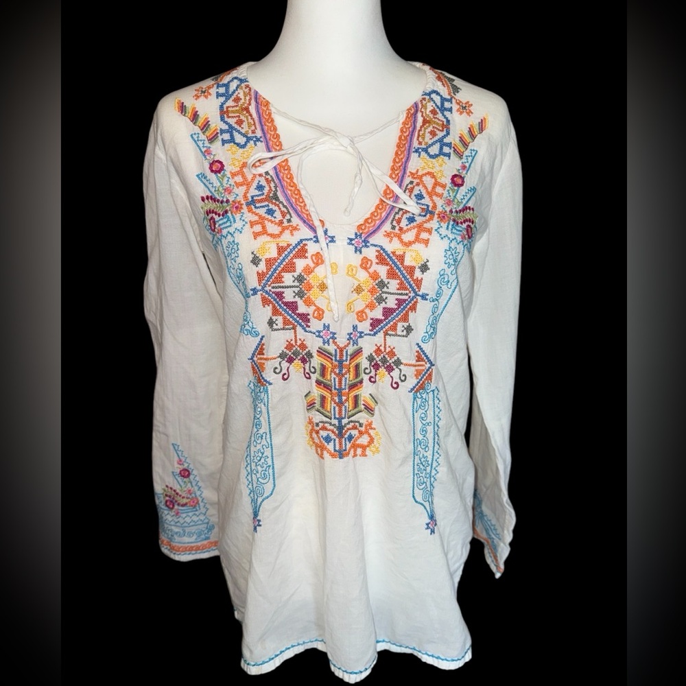 Biya by Johnny Was Floral Embroidered Keyhole Neck 100% Cotton Tunic Size S